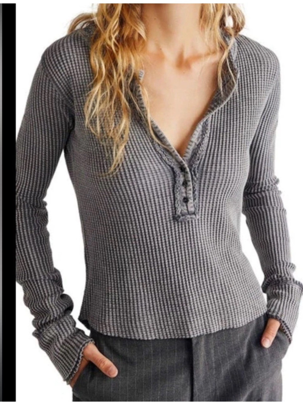Free People FP One Colt Thermal Henley Gray Long Sleeve Top Sz S